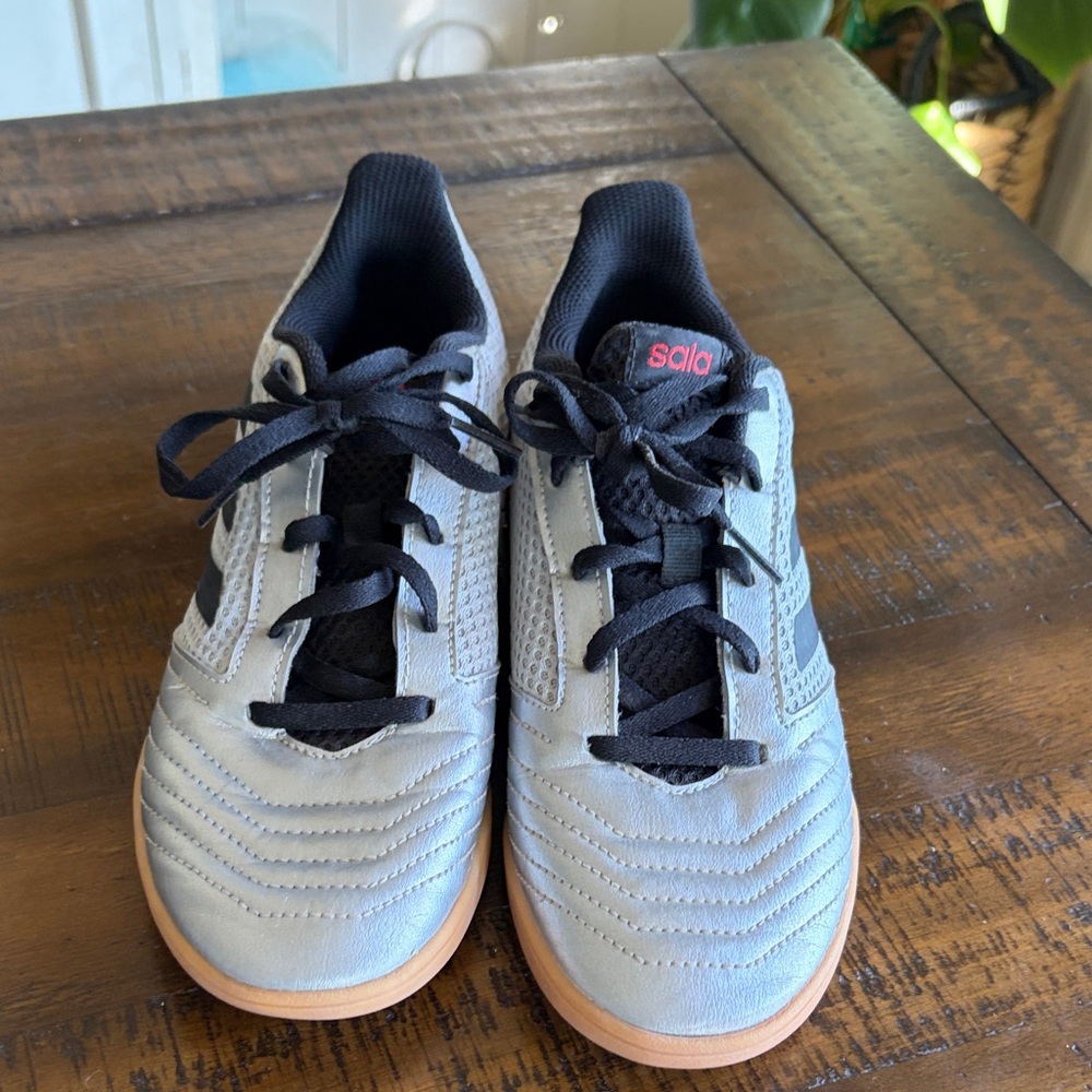 adidas Kids Indoor Soccer Sneakers in Light Gray and Black with Gum Sole
